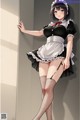 A woman in a maid outfit leaning against a wall.